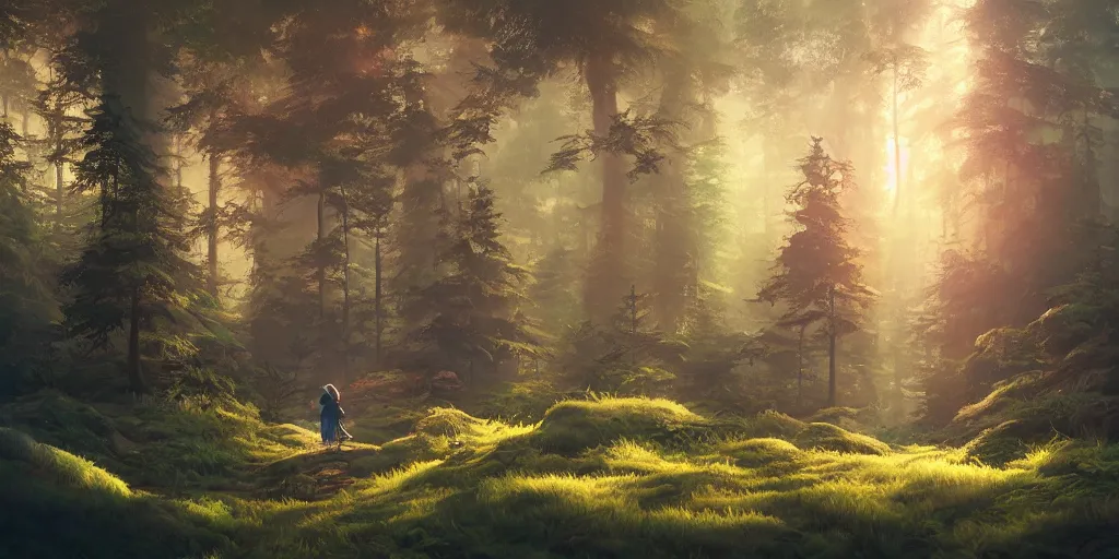 Image similar to a forest, oil painting, cinematic angle, hyperrealistic, volumetric lighting, breathtaking, Studio Ghibli, Dan Mumford, James Jean, octane render, post-processing, epic composition, trending on artstation, masterpiece