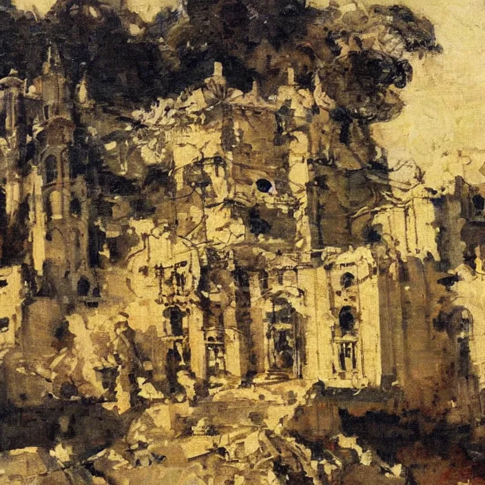 Image similar to a building in a landscape, by dean cornwell