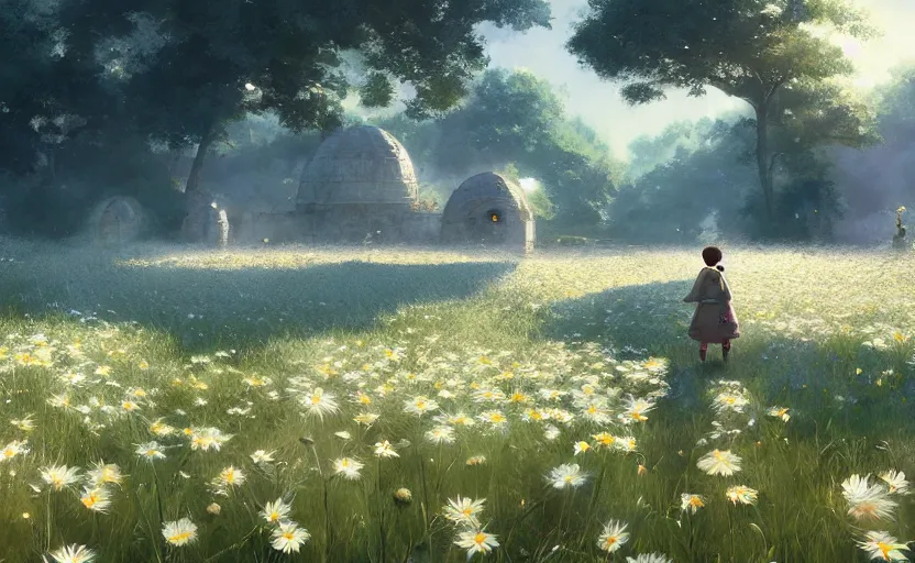 Image similar to portal to another world in a field of daisies, painting by craig mullins, octane rendering, soft morning lighting, wide angle lens, in the style of hayao miyazaki, trending on artstation