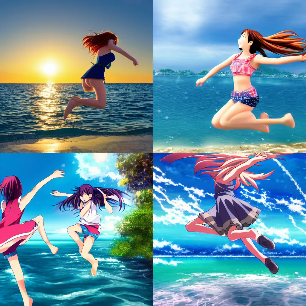 Prompt: an anime girl jumping into the sea, 4k anime style detailed