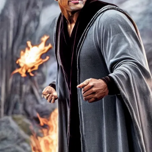 Image similar to dwayne johnson as harry potter character, wearing a wizard robe, full body shot, highly - detailed, sharp focus, award - winning