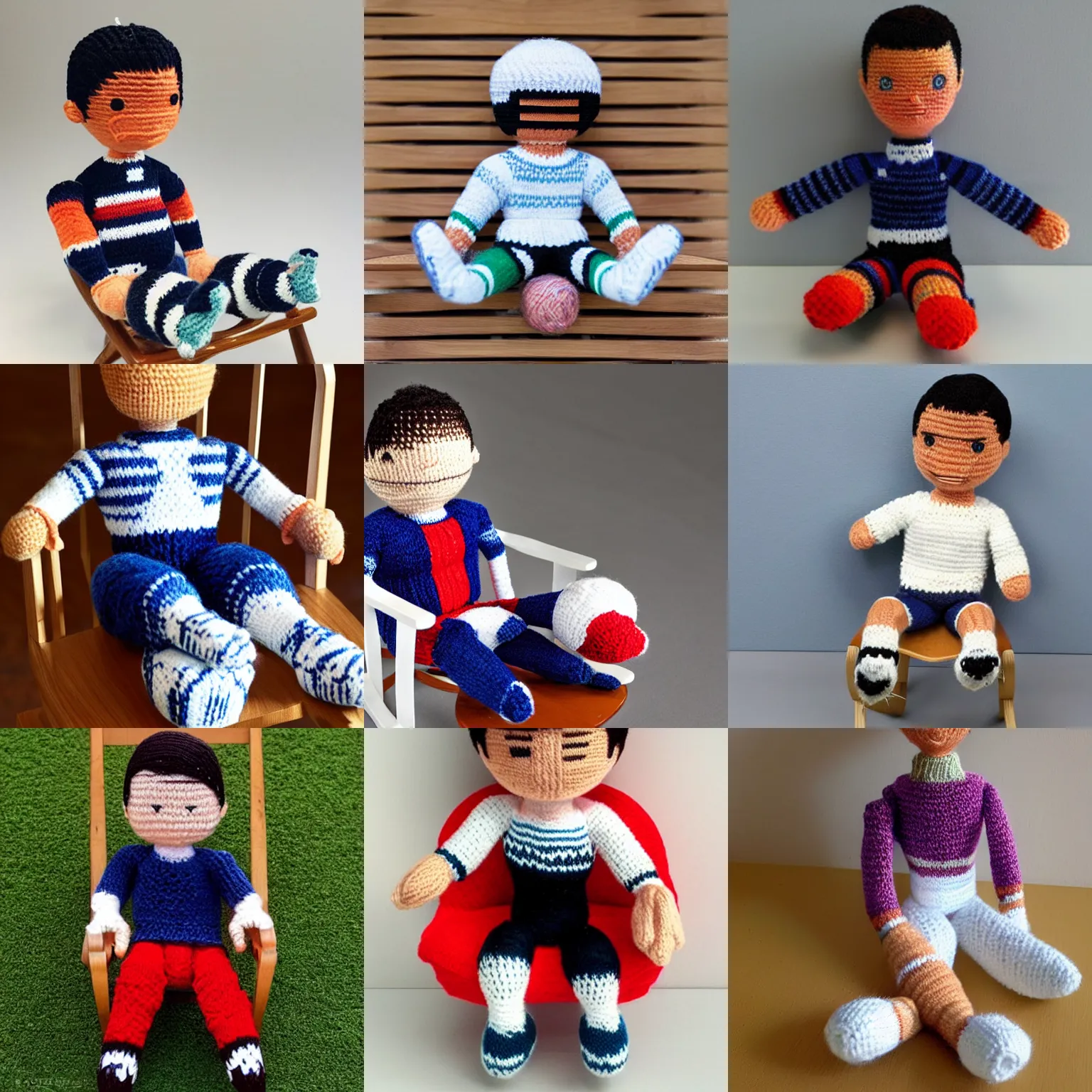 Prompt: Cristiano Ronaldo doll knitted from yarn, sitting in a rocking chair, realism, proportions