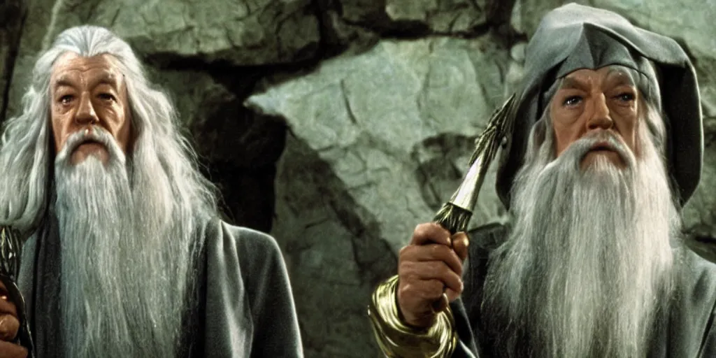 Image similar to Gandalf in the role of Captain Kirk in a scene from Star Trek the original series