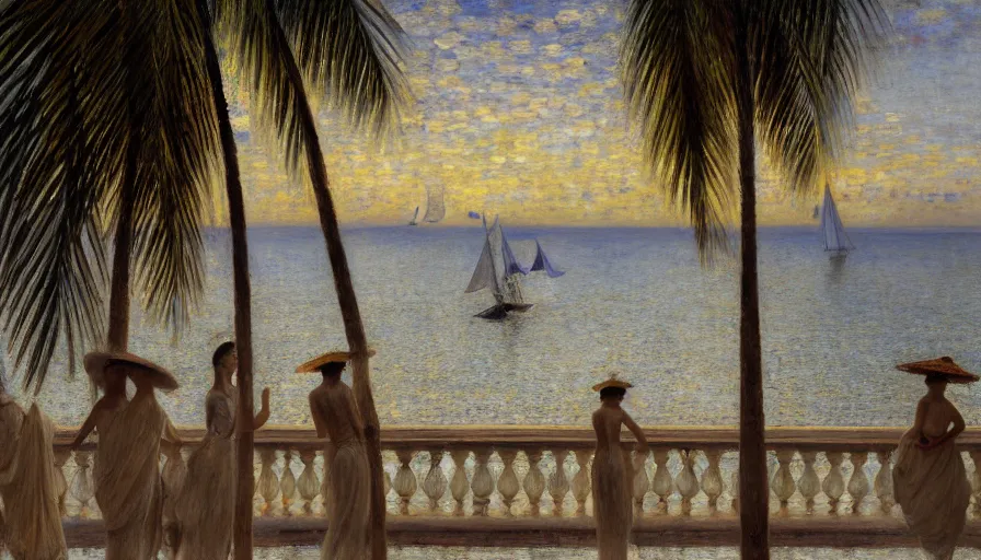 Image similar to a ultradetailed beautiful painting of the night sky of the great amazonas river golden white palace balustrade designed by jules bastien - lepage, tarsila do amaral, frank weston and gustave baumann, beach, trending on artstation, mediterranean, palm trees, sharp focus, sail boats, soft light, 8 k 4 k