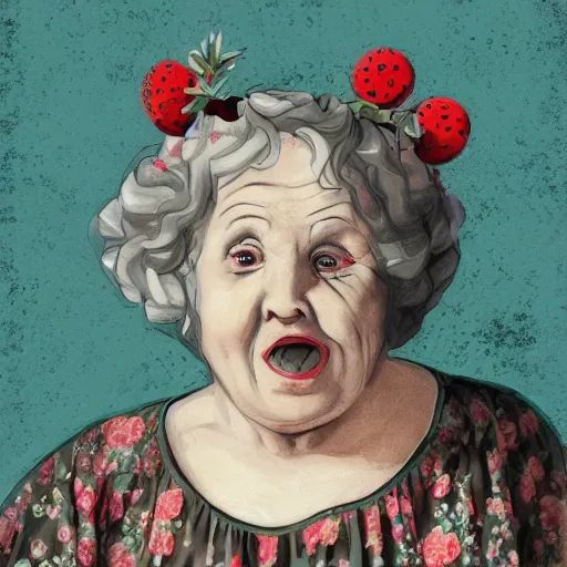 Image similar to of a very funny academic style mixed media style. a sweet fat old woman is in love with her self. flowery dress. symmetrical face, red mouth, blue eyes. a flowery dress. deep focus, lovely scene. a very funny and sweet picture. unreal engine. pencil and ink. goya painting style.