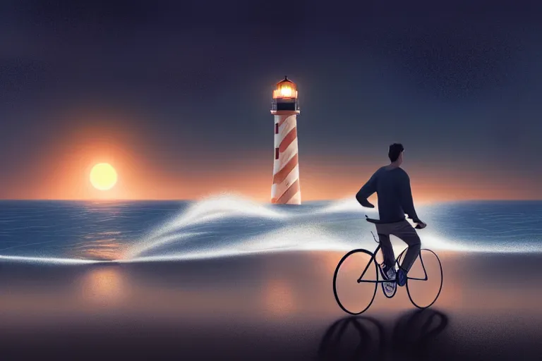 Image similar to photo of man riding a bicycle along the beach that is lit by glowing organisms underwater toward a lighthouse in the distance, wide horizon, large white clouds, intricate, elegant, highly detailed, digital painting, artstation, concept art, smooth, sharp focus, illustration, art by artgerm and greg rutkowski and fra angelico