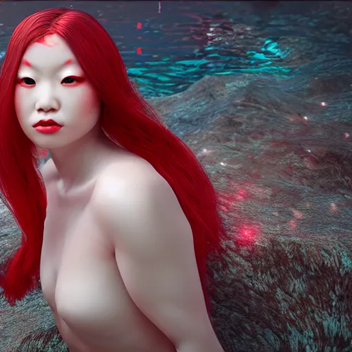 Prompt: albino Asian mermaid , unreal engine octane, red and white, portrait, gliter, depth of field, 8k, hyper detailed, intrin ate, trending on artstation