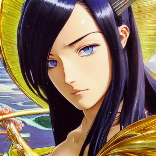 Image similar to highly detailed vfx portrait of nico robin by eiichiro oda!, makoto shinkai, alphonse mucha, sharp focus, art by artgerm and greg rutkowski!, backlit, harsh overhead sunlight, blue eyes!!, large aquiline nose!!, stanley kybric, kaoru mori, shadows, best of behance,