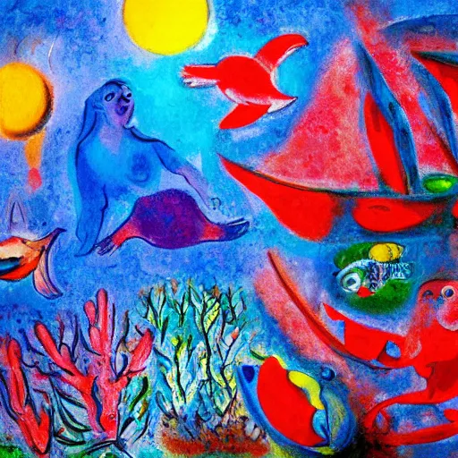 Prompt: chagall style painting, coral reef