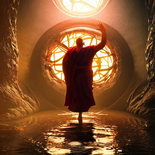 Image similar to photorealistic illustration of a monk discovering a portal to the deep, octane render, 8 k, cinematic lighting, exquisite details, dark atmosphere, psychedelic, 1 9 6 0 s