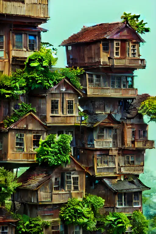 Prompt: stacked houses, solarpunk, jean - baptiste monge, studio ghibli, octane render, 4 k