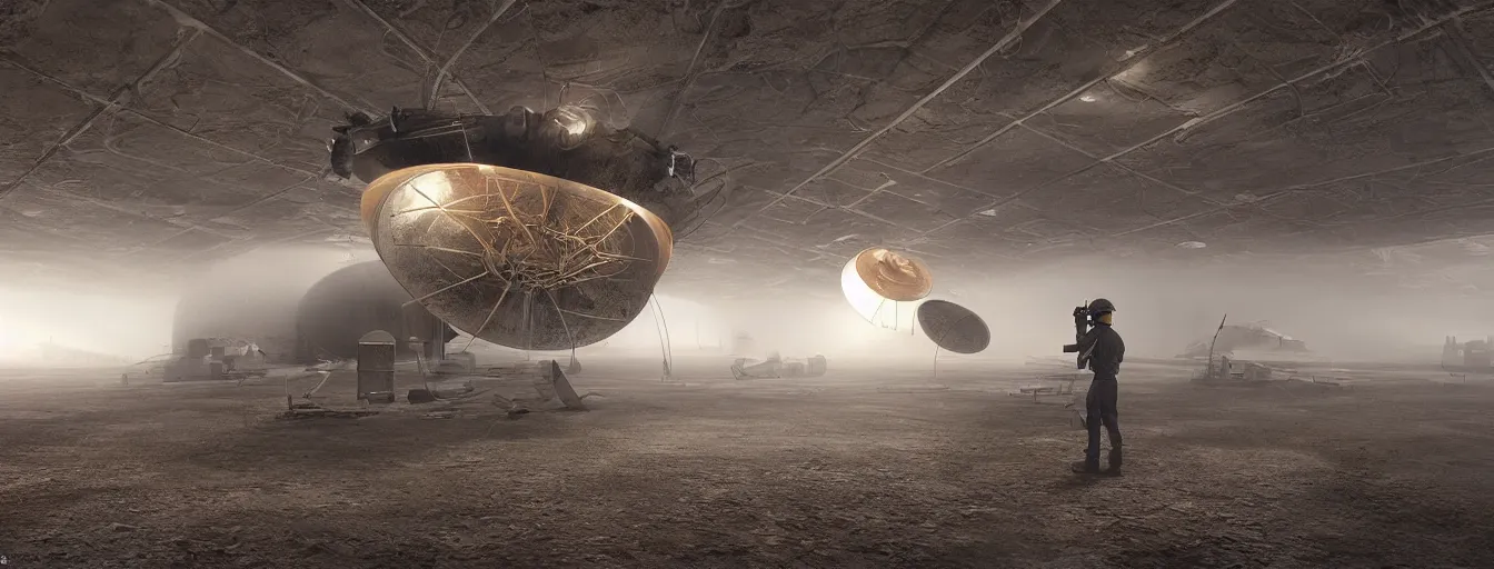 Image similar to engineer repairs special flying saucer full of modern military equipment, in the hall of area 55, high detail, ground fog, wet reflective ground, saturated colors, by James Paick, render Unreal Engine-H 704