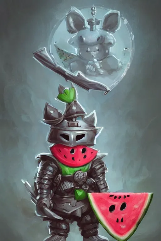 Image similar to cute anthropomorphic watermelon knight wearing a cape and a crown and holding a sniper, tiny, small, miniature bear, baby animal, short, pale blue armor, cute and adorable, pretty, beautiful, DnD character art portrait, matte fantasy painting, DeviantArt Artstation, by Jason Felix by Steve Argyle by Tyler Jacobson by Peter Mohrbacher, cinematic lighting