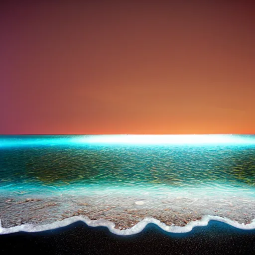 Prompt: nighttime view of beach on the ocean, bioluminescent on the edges of waves, realistic, fine detail, 4k, amazing