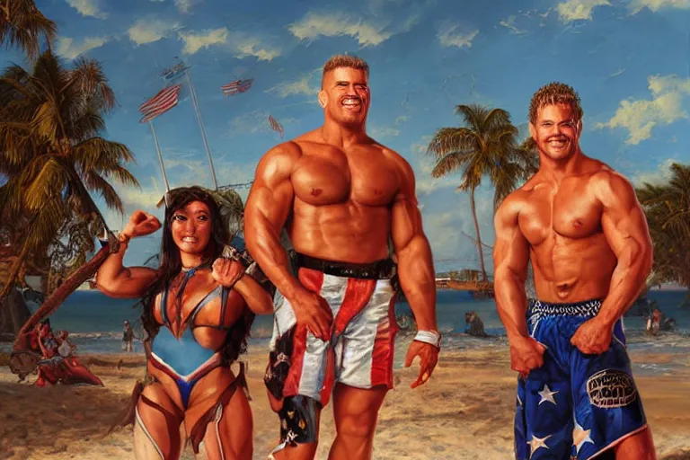 Image similar to portrait of american gladiators malibu and nitro on the beach, an oil painting by ross tran and thomas kincade