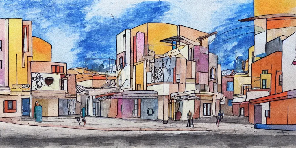 Image similar to street artists. painting of rounded bauhaus buildings in a junction in tel aviv. highly detailed. pen drawing painted with watercolors. colorful