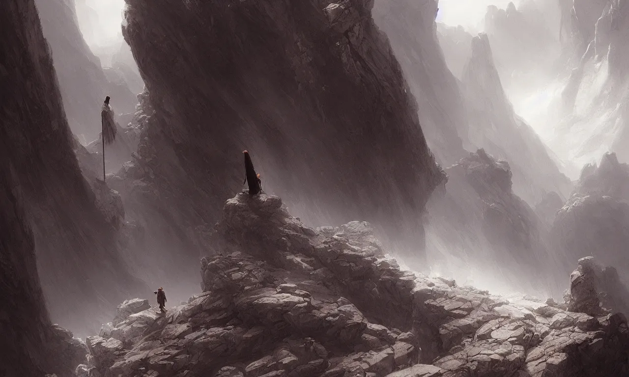 Prompt: lonely taoist monk walking with a stick anda long robe blown by the wind through mountainous canyons, lit by the light of gods, abandoned by gods, hyperdetailed artstation cgsociety by greg rutkowski and by Gustave Dore