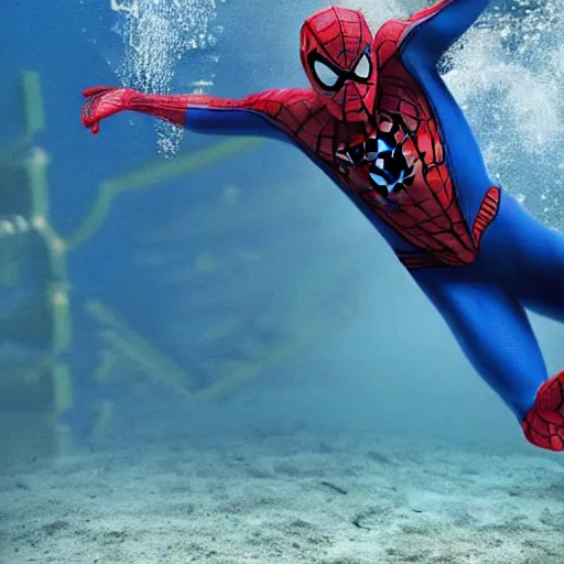 Image similar to underwater shoot photo of Spiderman , high detail , perfect photo