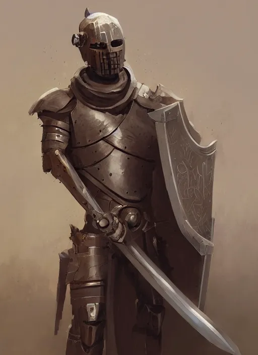 Prompt: portrait of a warforged character holding a paladin engraved longsword and carrying a big shield, concept art, by Greg Rutkowski