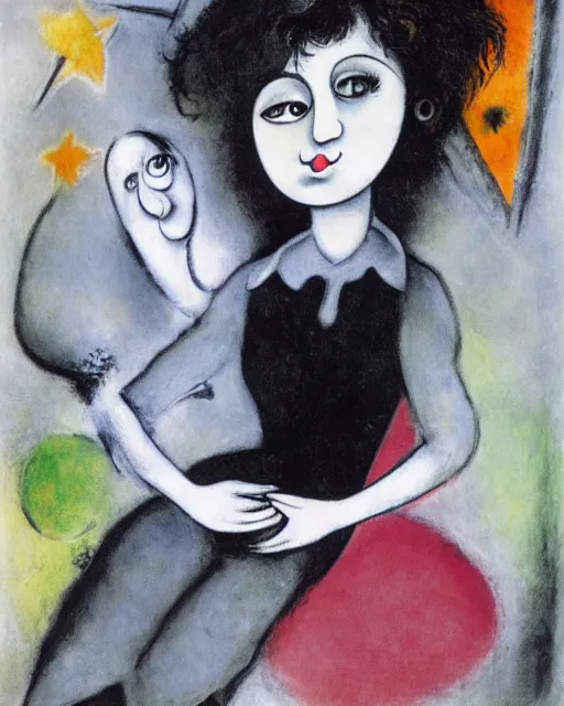 Image similar to A goth portrait painted by Marc Chagall. Her hair is dark brown and cut into a short, messy pixie cut. She has a slightly rounded face, with a pointed chin, large entirely-black eyes, and a small nose. She is wearing a black tank top, a black leather jacket, a black knee-length skirt, a black choker, and black leather boots.