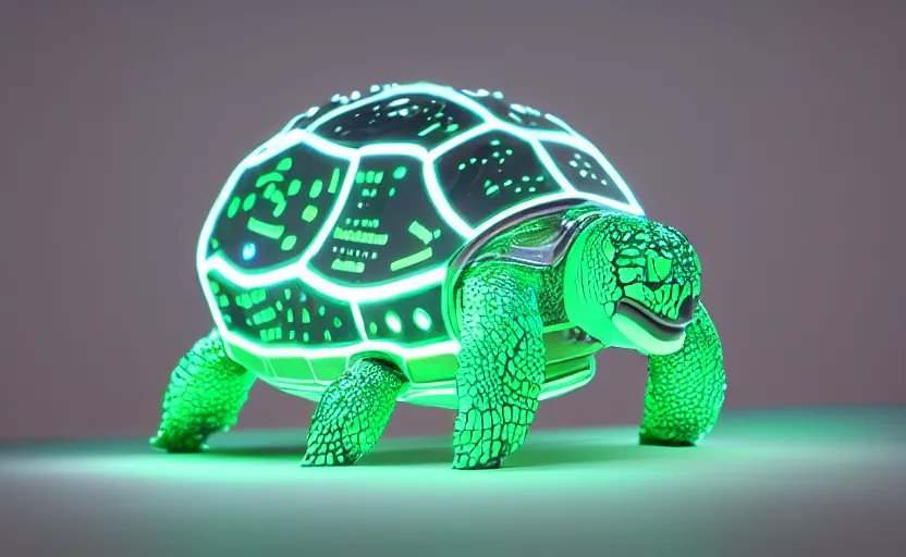 Image similar to artificial Intelligence turtle with its shell made out of modular-synth dials and knobs with a small AMOLED display, LED light accents, sleek design by apple, triple white colorway, modular-synth, VST, 4k, 33mm, high quality photo,