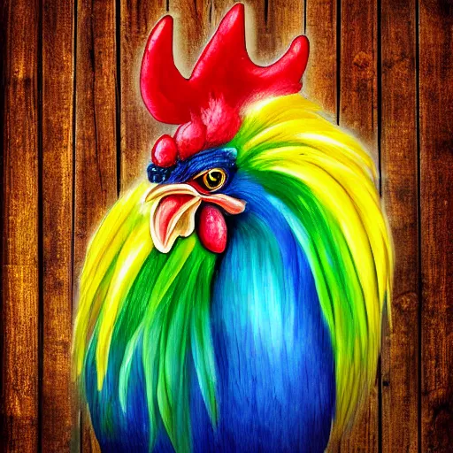 Prompt: Ornate Rainbow Rooster Portrait Antique style Barn background