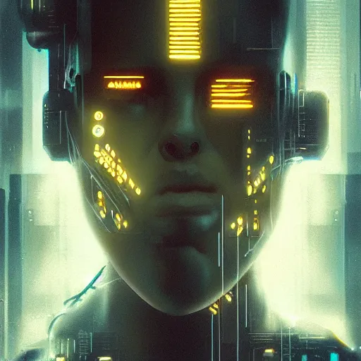 Image similar to a face covered in computer circuits, scifi, bladerunner, cyberpunk, heavy ink, yellow, very detailed eyes, 8 k resolution, by wlop, greg rutkowski