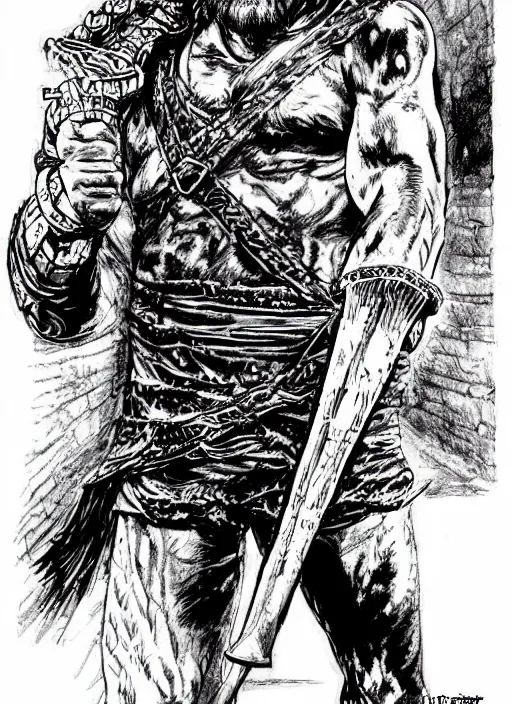 Prompt: walter white as conan the barbarian, by steampoweredmikej, by tim bradstreet, inktober, ink drawing, black and white, coloring pages, manga, highly detailed