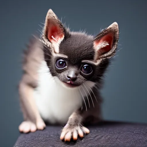 Prompt: a photo of a cute bat kitten, sitting on a chair, photo taken by a nikon, very detailed, 8k