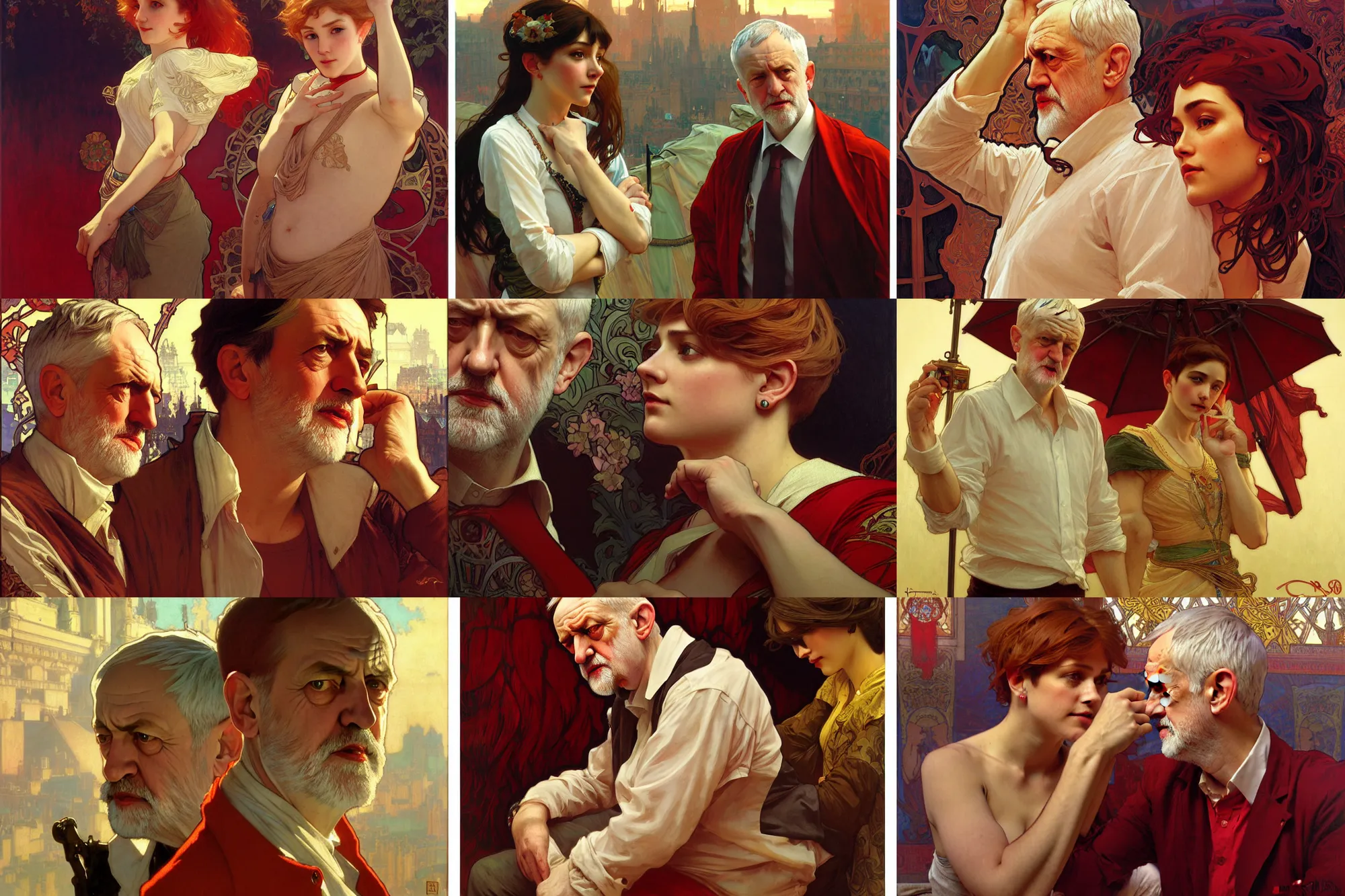 Image similar to jeremy corbyn, nier autoamata, highly detailed painting by ilya kuvshinov, alphonse mucha, gaston bussiere, craig mullins, j. c. leyendecker 8 k