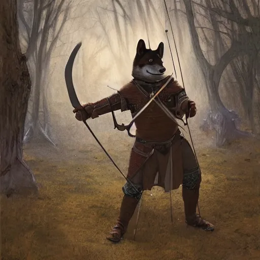 Image similar to anthropomorphic shiba inu, holding medieval bow and aiming directly to camera, medieval armor, dark aura, fantasy, dark graveyard scene, portrait art by donato giancola and greg rutkowski, realistic face, digital art, trending on artstation, symmetry