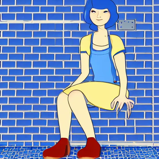 Image similar to short blue haired woman, sitting in tile bathroom, american pop animation style