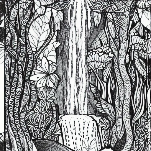 Image similar to an adult coloring page of a waterfall in the enchanted forest, light detail