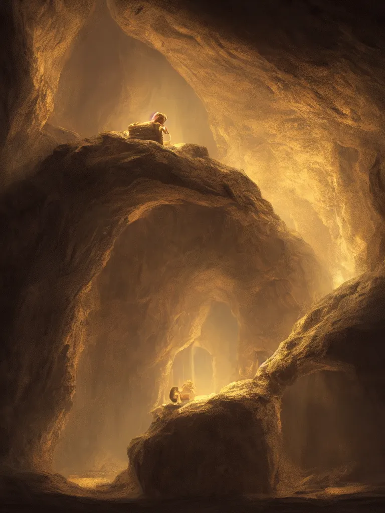 Image similar to lit child, in a dark cave, by disney concept artists, blunt borders, golden ratio, soft light