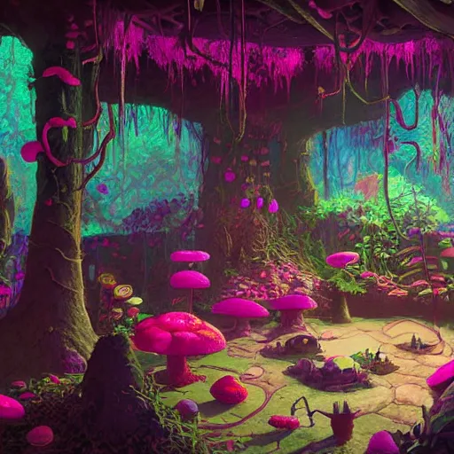 Image similar to concept art painting of a interior of a cozy alien fantasy cottage made of mushrooms and fungus, with black vines and magenta houseplants, blue and magenta light, realistic, detailed, cel shaded, dark, in the style of makoto shinkai and greg rutkowski and james gurney