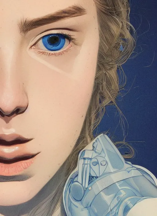 Prompt: a close up on the face of a beautiful woman in a future space suit; highly detailed; pretty blue eyes; pupils; artwork by james jean and Phil noto