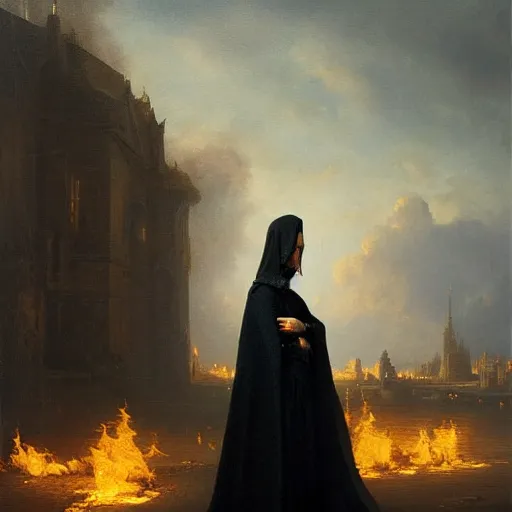 Prompt: portrait of a young women wearing a black cloak, the background is a burning city, highly detailed painting by aivazovski 8 k