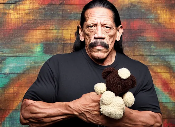 Prompt: photo still of danny trejo at the county fair!!!!!!!! at age 5 6 years old 5 6 years of age!!!!!!!! holding a teddy bear he won, 8 k, 8 5 mm f 1. 8, studio lighting, rim light, right side key light
