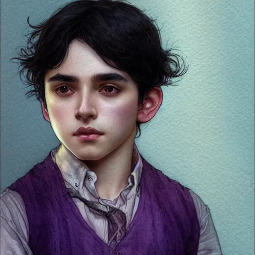 Image similar to young boy, black hair, purple eyes, gorgeous, amazing, delicate, elegant, intricate, highly detailed, watercolor, portrait, artstation, concept art, sharp focus, illustration, art by artherm and greg rutkowski and alphonse mucha