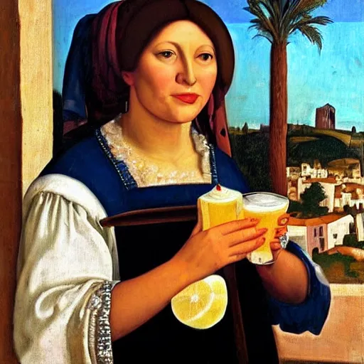 Image similar to A beautiful Jewish-Mexican woman peacefully sips a soda at a café at sunset with a plate of beignets before her, Renaissance oil painting