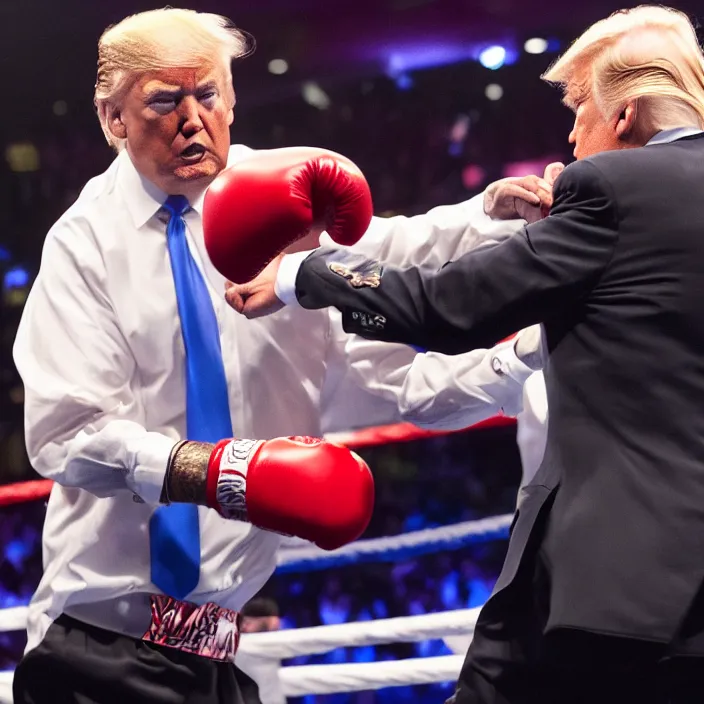 Image similar to donald trump in a boxing match with joe biden, high quality photo