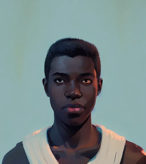 Prompt: portrait of a young man, raised on the island, dark skin, white hair, face tatooes by atey ghailan, by greg rutkowski, by greg tocchini, by james gilleard, by joe fenton, by kaethe butcher, dynamic lighting, gradient light blue, brown, blonde cream and white color scheme, grunge aesthetic