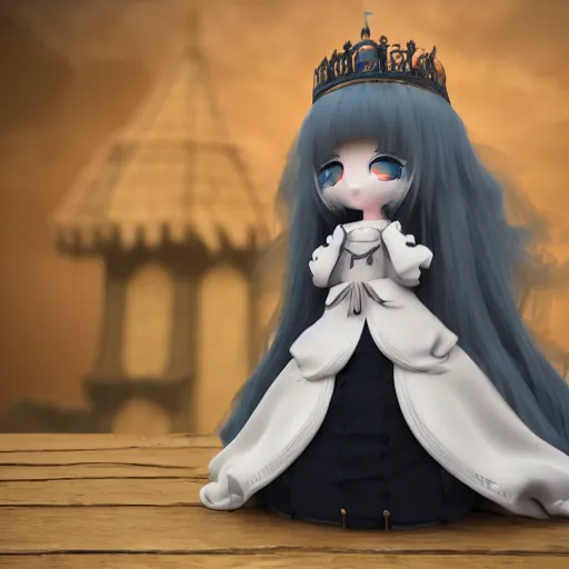 Image similar to cute fumo plush of a princess girl in a tower on a tiny island which she lays sole claim to, selfish empress of the abyss, tempestuous waters, wisps of volumetric smoke and fog, gothic maiden in tattered white dress, vignette, vray