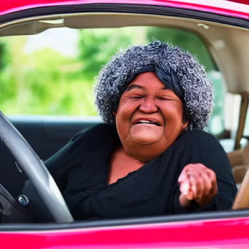 Prompt: old black woman wearing a durug driving whilst smoking a doobie