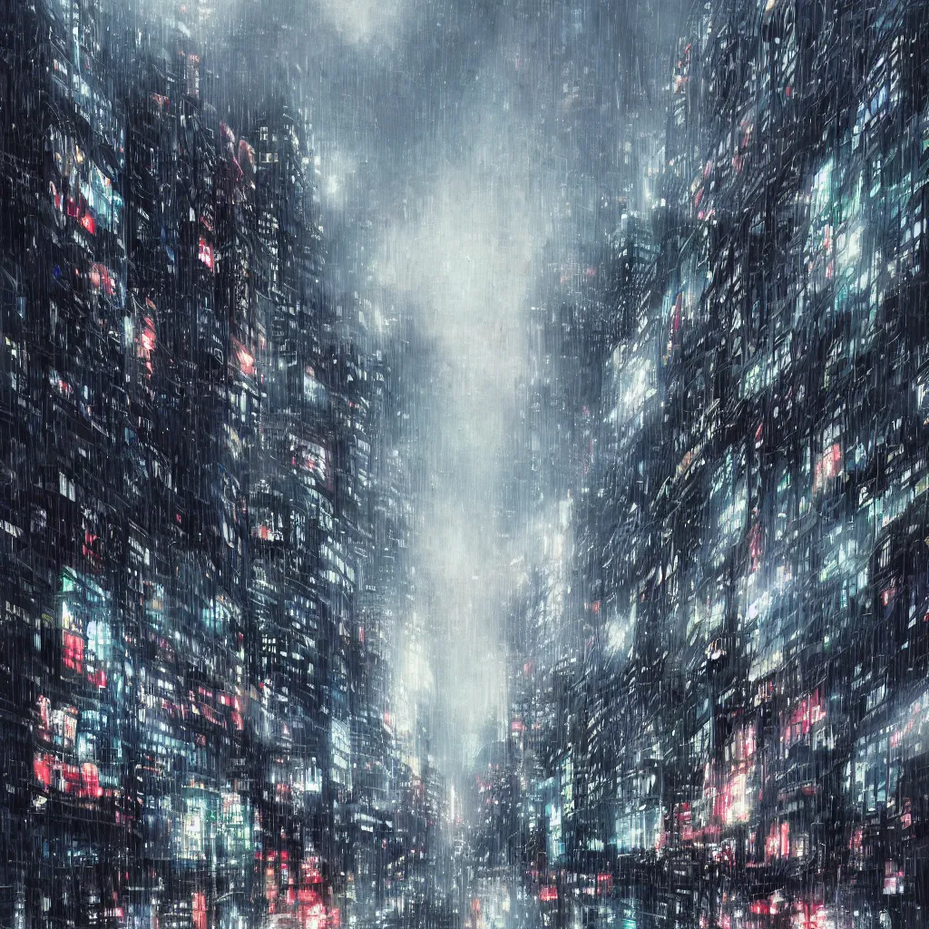 Prompt: beautiful raining anime cityscape, tall buildings and grey fog, trending on pixiv