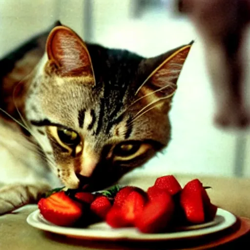 Prompt: 1 9 5 0 s kodachrome photograph of a cat eating strawberries. close up