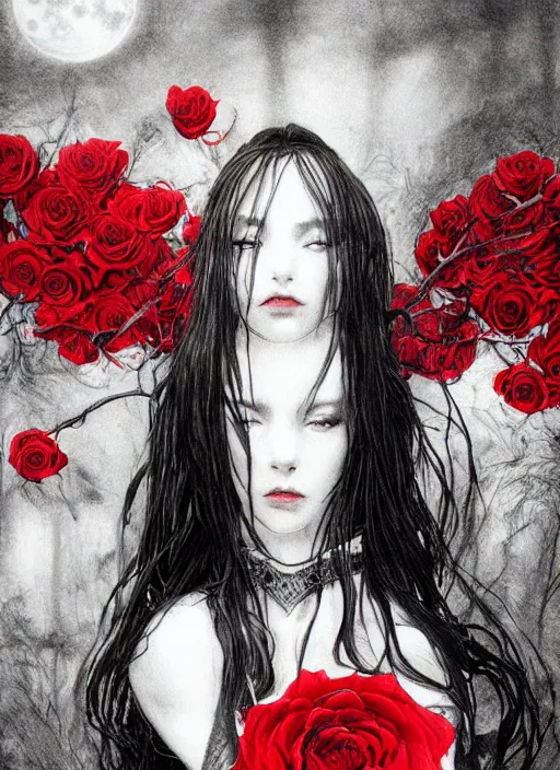 Image similar to portrait, A beautiful dark witch in front of the full big moon, book cover, red roses, red white black colors, establishing shot, extremly high detail, foto realistic, cinematic lighting, pen and ink, intricate line drawings, by Yoshitaka Amano, Ruan Jia, Kentaro Miura, Artgerm, post processed, concept art, artstation, matte painting, style by eddie, raphael lacoste, alex ross