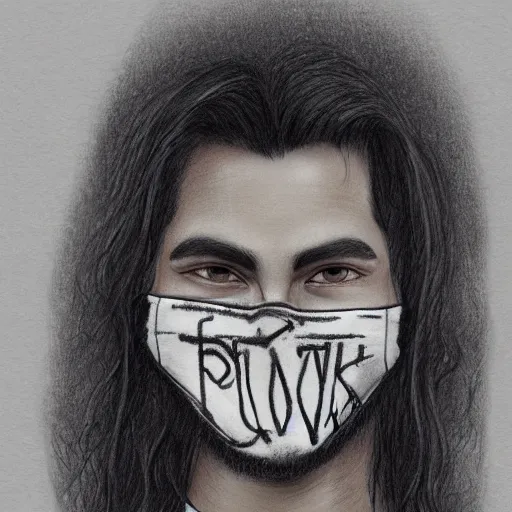 Image similar to professional pencil sketch of a young adult man with slightly long hair wearing a black face mask and an oversized dark sweatshirt and dark sweatpants, high quality, HD, 8K, highly detailed, award-winning