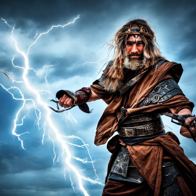 Image similar to photo of a sorcerer warrior with lightning powers, highly detailed, 4 k, hdr, smooth, sharp focus, high resolution, award - winning photo