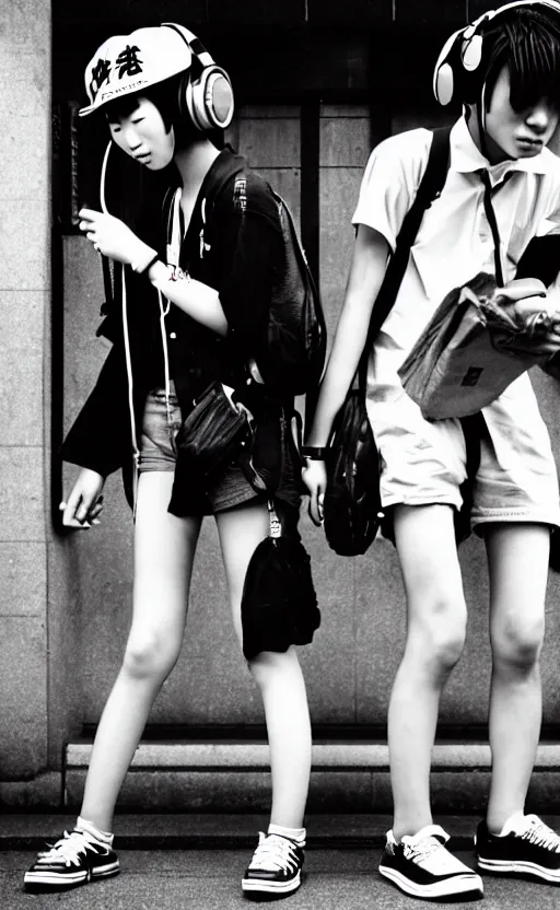 Prompt: japanese teenagers male and female, street photography in the 8 0 s, economic boom, punks, highly realistic, photography, highly detailed, cinematic lighting, tokyo, fashion, wearing sony walkman and headphones